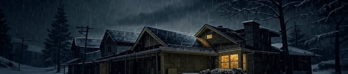 Snowy night scene with illuminated house.